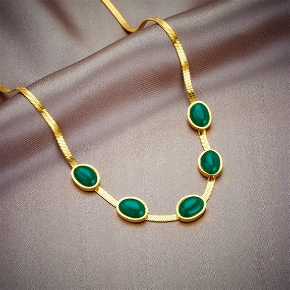 Oval Green Crystal Pendant Necklace Set with Bracelet