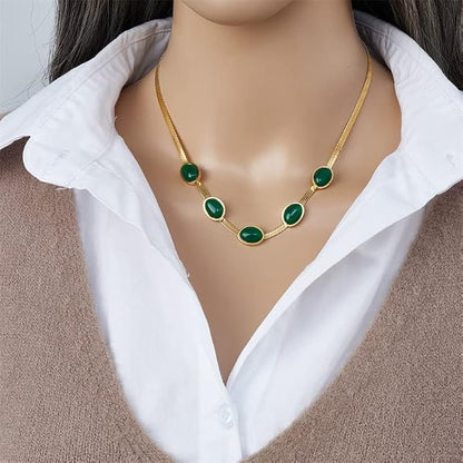 Oval Green Crystal Pendant Necklace Set with Bracelet